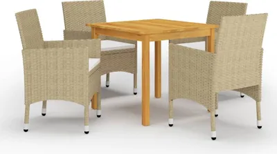 Produktbild von dkd-home-decor 5-tlg. Garten-Essgruppe Akazien-Massivholz PE Rattan Stahl Beige 4 Stühle 4 Sitzkissen 4 cm
