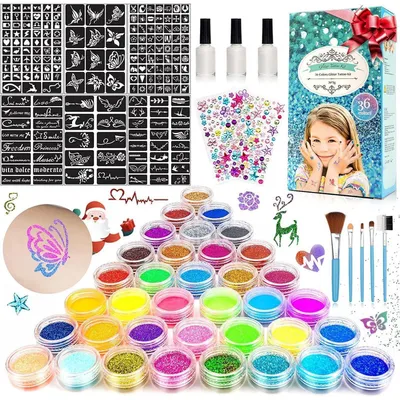Zdjęcie produktu dla Zestaw do tworzenia tatuaży "Glitzertattoos" dla dzieci, zawierający 36 kolorów, 182 szablony i 215 kryształków, idealny zestaw do rękodzieła dla dziewczynek