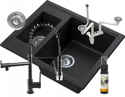 Produktbild von Granitan - Granitspüle - Spülbecken 60x50 cm - Küchenspüle Schwarz - mit Armatur und Siphon - KOS