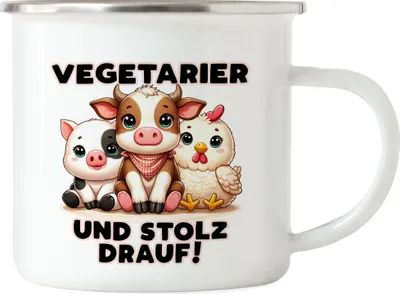 Produktbild von Vegetarier und stolz drauf Süße Tiere Emaille Tasse - Fleischlos Leben Präsent