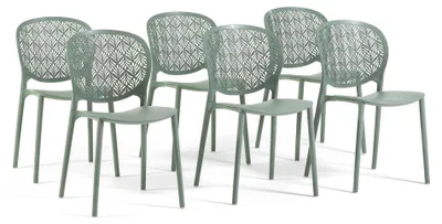 Immagine prodotto di Set di 6 sedie impilabili per interni ed esterni in polipropilene rinforzato con fibra di vetro, con schienale traforato, per giardino, terrazza, bar, ristorante - Lulù Verde