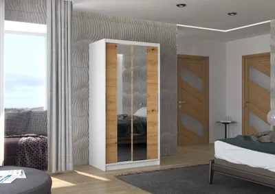 Obrázek produktu pro Šatní skříň se zrcadlem 100 cm LAMLA - bílá / dub artisan