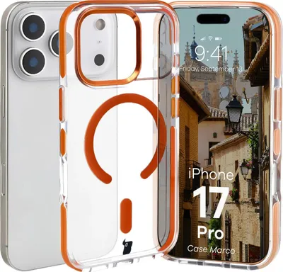 Produktbild von Handyhülle mit Magnetring für iPhone 17 Pro, Bizon Case Marco, Transparent mit orangem Rahmen