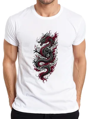 Productafbeelding van Japans draak, Aziatische tattoo-stijl, rood en zwart, Japan, Y2K, heren T-shirt, wit, maat L