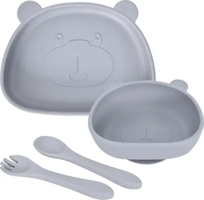 Produktbild von Kinderteller Set Silikon Baby Teller und Schale mit Saugnapf Grau Bär Rutschfestes Babygeschirr mit Löffel Gabel 4 Teiliges Geschirrset für Kleinkinder Mädchen Jungen Selbstfütterung