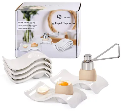 Eierbecher Set 6er, Keramik, weiß, mit Eierschneider