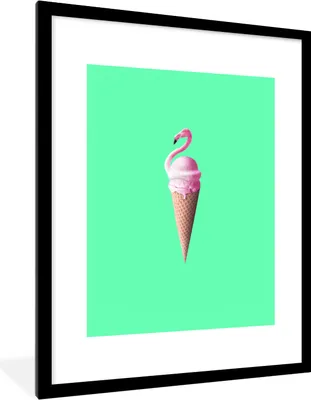 Produktbild von MuchoWow® Gerahmtes Poster Eistüten - Eiscreme - Flamingo - Rosa - Grün 60x80 cm - Poster mit Schwarzem Bilderrahmen Wandposter Rahmen Foto Bilder - Wohnzimmer - Dekorationen - Prämie
