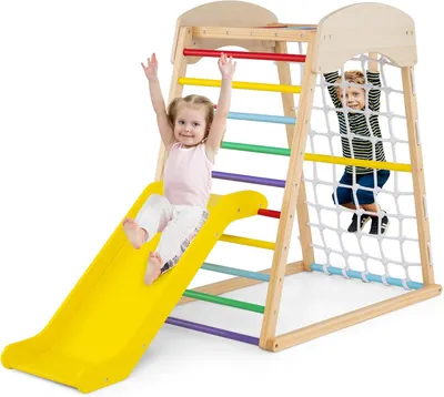 Produktbild von 4 in 1 Kletterdreieck mit Rutsche & Kletternetz & Kletterleiter & Pull Up Bar, Kinder Spielplatz Indoor für Kinder ab 3 Jahren (Bunt)