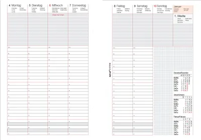A spread of a planner with daily and weekly layouts.