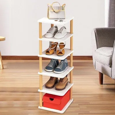 Immagine prodotto di Scaffale impilabile per scarpe in legno, modello stretto, per soggiorno, ingresso e bagno