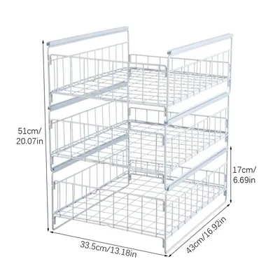Produktbild von GreatDEshop2021, ausziehbares Küchenregal, Organizer für Küchenschubladen, Weiß, 33.5x43x51cm, Kohlenstoffstahl, Modern, 3 Etagen, Einbrennlackierung, 20kg