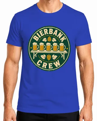 Imagen del producto de Camiseta para hombres, estilo "Oktoberfest", con motivos de "Wiesn", ideal para fiestas de despedida de soltero, disponible en color azul, talla S. Incluye detalles como "Bierbank Crew" y "Trachtenshirt" (camisa tradicional) y "Lederhose" (pantalones de cuero)