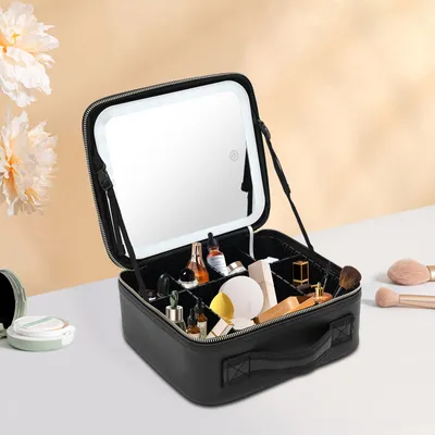 Zdjęcie produktu dla Kosmetyczka Przenośna kosmetyczka Organizer do makijażu Pudełko na biżuterię z lampką i lusterkiem Czarny