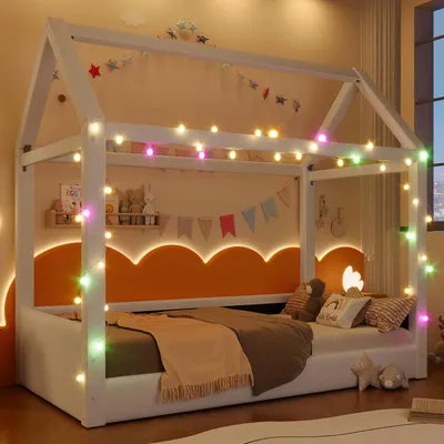 Produktbild von Hausbett mit Lattenrost und RGB LED-Lichterkette, 90x200cm, Kinderbett, Leinenbezug
