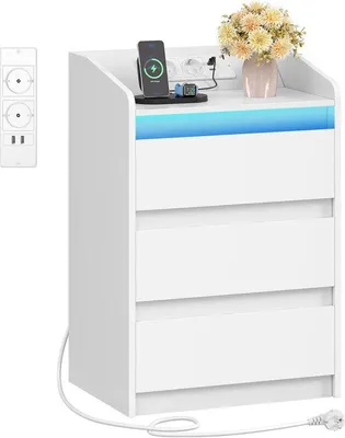 Produktbild von Nachttisch mit 3 Schubladen, Beistelltisch mit Ladestation, LED-Beleuchtung, 2 Steckdosen und 2 USB-Anschlüssen, geeignet für Schlafzimmer und Wohnzimmer