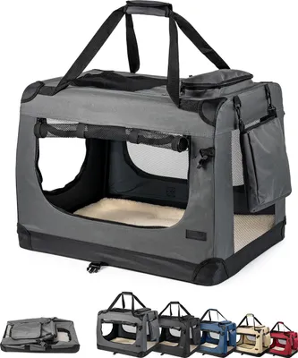 A gray fabric pet carrier is shown from the front, with a soft beige interior. Below the main product image, there are smaller images showing the carrier folded, and then in different colors (gray, dark gray, blue, beige, and red).