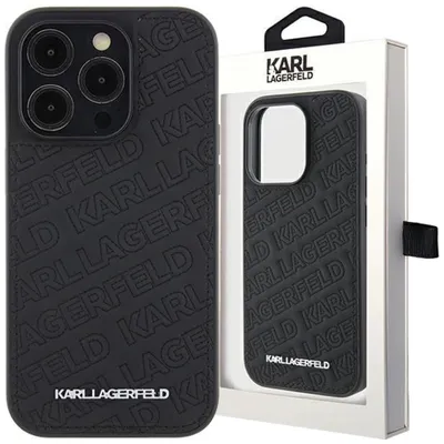 A black Karl Lagerfeld phone case is displayed next to its packaging.