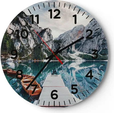 Produktbild von Wanduhr - Rund - Glasuhr - Boote Berge Hafen - 30x30cm - Schleichendes Uhrwerk - Lautlos - zum Aufhängen bereit - Dekoration Modern - Wanddekoration aus Glas - C4AR30x30-5068