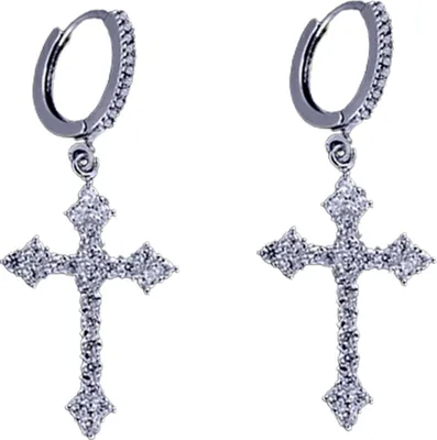 Produktbild von 1 Paar baumelnde Ohrringe, Kreuz-Hip-Hop-Schmuck, funkelnde helle Glanz-Creolen für den täglichen Gebrauch-Silber