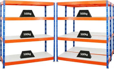Produktbild von Mega Deal | 3x Profi Schwerlastregal Rhino | HxBxT 180x160x60cm | 4 Melamin-Ebenen 16mm | Fachlast 500kg | Blau-Orange