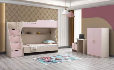 Productafbeelding van Moderne kinderkamer set: kinderbed, nachtkastje, bureau, kledingkast, roze