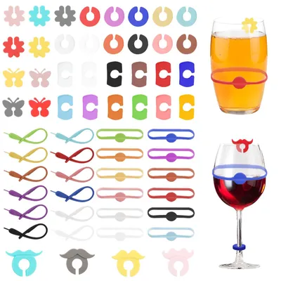 63er Set Silikon-Glasmarkierer für Weingläser, bunt, 7 Designs