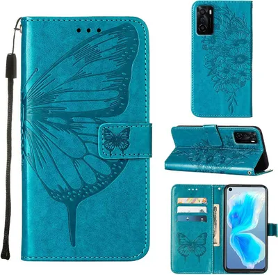 Produktbild von OPPO A55S 5G Hülle, Schmetterling Prägung Flip Leder Kartenfächer Schutzhülle Ledertasche mit Ständer für OPPO A55S 5G Blau