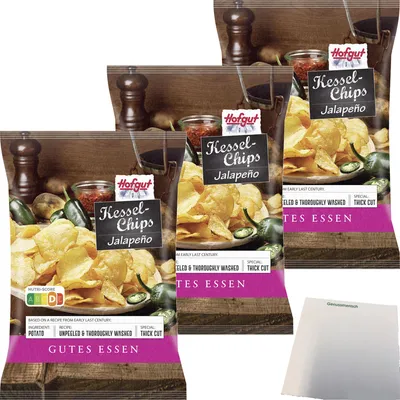 Produktbild von Hofgut Kessel Chips Jalapeno 3er Pack (3x150g Beutel) + usy Block
