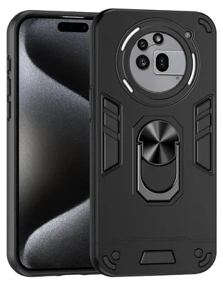 A black phone case with a ring holder and camera protection is shown.