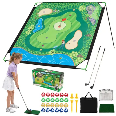 Productafbeelding van COSTWAY Golf Chippen Set, verstelbare oefenmat met metalen standaard, set met 2 clubs, scorebord, 4 tees en 24 plakballen