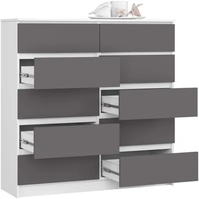 A white dresser with graphite gray drawers, some of which are open, against a white background.