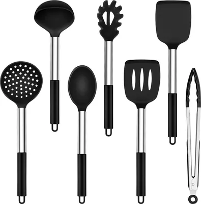 Produktbild von Kš¹chenhelfer Set, 7 Stš¹ck Silikon Kš¹chenutensilien Kochbesteck Set mit Edelstahlgriff, Antihaft Kochutensilien Set Sicher fš¹r Kochgeschirr, Hitzebest?ndiger & Spš¹lmaschinenfest, Schwarz
