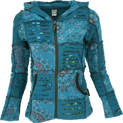 Produktbild von Goa Patchwork Jacke, Boho Kapuzenjacke, Ethno Jacke - Petrol, Damen, Blau, Baumwolle, Größe: M