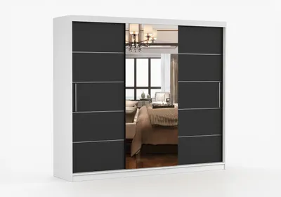 Produktbild von Schwebetürenschrank ABLA II 250 cm Weiß/Schwarz mit Spiegel, Kleiderschrank 3 Türen, Schlafzimmerschrank Garderobenschrank