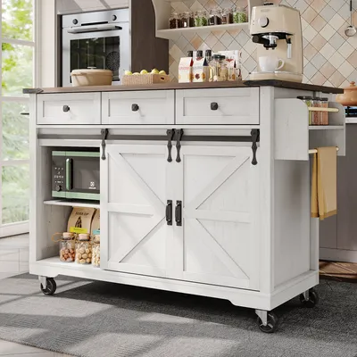 Image de Parrot Uncle Îlot de cuisine avec roulettes, plan de travail extensible, portes coulissantes & tiroirs - Chariot de service avec aspect bois pour la cuisine