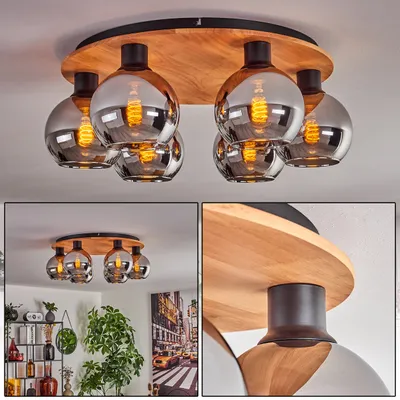 Produktbild von Cesaro Deckenlampe aus Metall/Holz/Glas in Schwarz/Natur/Goldfarben/Klar
