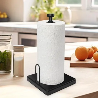 Produktbild von Famanu Küchenrollenhalter aus Edelstahl - schwarze, stehende Papierrollenhalterung