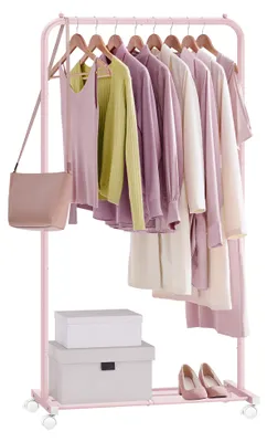 Produktbild von SONGMICS Kleiderständer auf Rollen, Garderobenständer Metall mit Schuhablage, 35 kg Tragkraft, 74 x 40,6 x 158,3 cm, Rosa