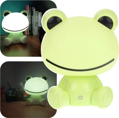 A collage of images showing a frog-shaped LED night light in different lighting conditions and settings.