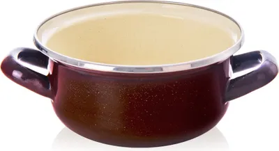 A close-up studio shot of a brown enamel pot filled with a light-colored liquid.