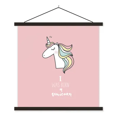 Produktbild von MuchoWow® Textilposter Einhorn - Zitate - Rosa - Ich wurde als Einhorn geboren - Mädchen - Kind 60x60 cm mit schwarzem Rahmen - Posteraufhänger