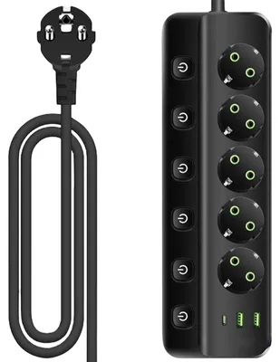 Immagine prodotto di Ciabatta multipresa con interruttore individuale per ogni presa, dotata di 2 porte USB-A e 1 porta USB-C, multipresa 8-in-1 con protezione da sovratensione, ideale per uso domestico e in ufficio (nera)