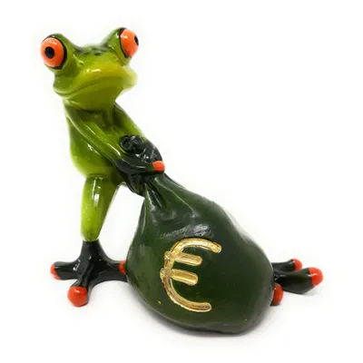 A figurine of a green frog holding a money bag with a euro symbol on it, set against a white background.