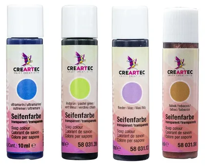 Produktbild von CREARTEC Seifenfarben Transparent 4er Set (Flieder, Ultramarin, Lindgrün, Tabak) 40ml - Inhalt jeweils 10ml - zum Herstellen farbiger Seifen