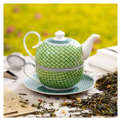 Produktbild von 4-teiliges Tea for One Set mit Iglu-Teekanne, Tasse und Untertasse in grünem Karomuster aus Brillant-Porzellan, spülmaschinen- und mikrowellengeeignet