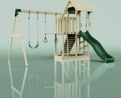Produktbild von OutdoorToys Spielturm mit Wellenrutsche und 2x Kinder-Schaukel, Outdoor Klettergerüst Garten mit Plattform, Ausführung: Trapezstange, Farbe: Smaragdgrün Trapezstange