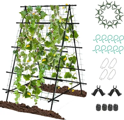 Produktbild von GOPLUS Gurken Rankhilfe, verstellbares Gartenspalier mit A-Rahmen, Rankgitter mit Netz & Klammer, Gurkenspalier Gitternetz Pflanzenstütze für Kletterpflanzen, Blumen, 103 x 109 x 149 cm