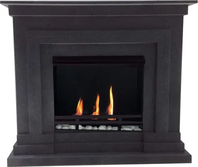 A dark gray fireplace with a visible flame.