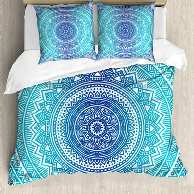 Produktbild von ABAKUHAUS Blau und Pink Bettbezug Set, Ombre Mandala Floral Star Medaillon Muster ethnischen Stil Bohemian, 200 x 200 cm + 80 x 80 cm, Blau Weiß und Violett