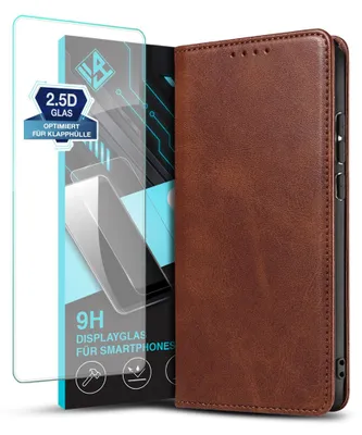 Produktbild von Handyhülle für Xiaomi Redmi Note 14 Pro 5G mit 9H Displayglas Kunstleder Flip Cover Hülle Klapphülle Case Kartenfach Farbe: Dunkelbraun